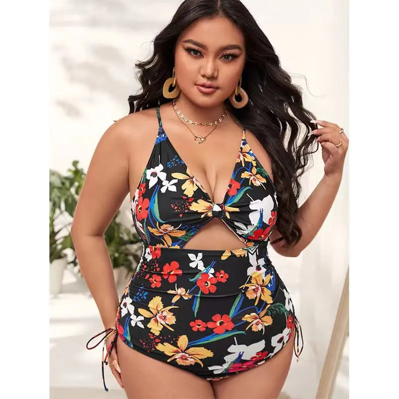 Plus Size One-Piece Bikini Digital Print Drawstring Tie Gathered Halter Swimsuit for Women