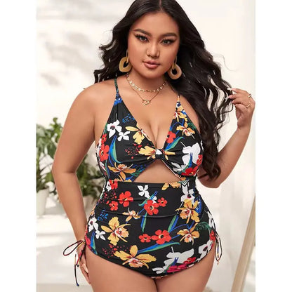 Plus Size One-Piece Bikini Digital Print Drawstring Tie Gathered Halter Swimsuit for Women
