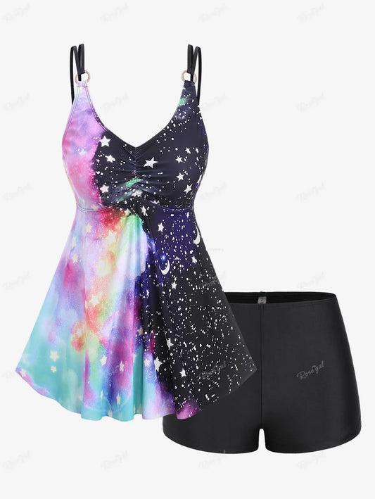 Women's Plus Size Ruched Galaxy Moon Stars Printed Boyleg Tankini Swimsuit