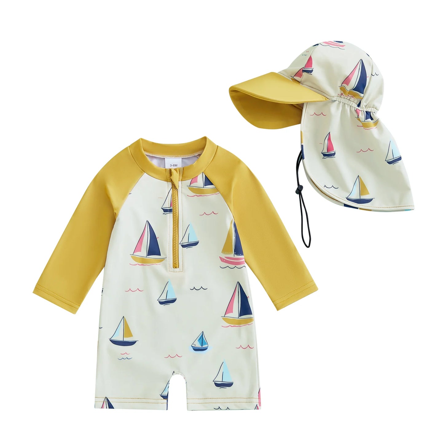 Children Swimsuit with Caps Fashion Sailboat Print Zip Up Long Sleeve Crew Neck Baby Boy Girl Swimwears Beach Wear
