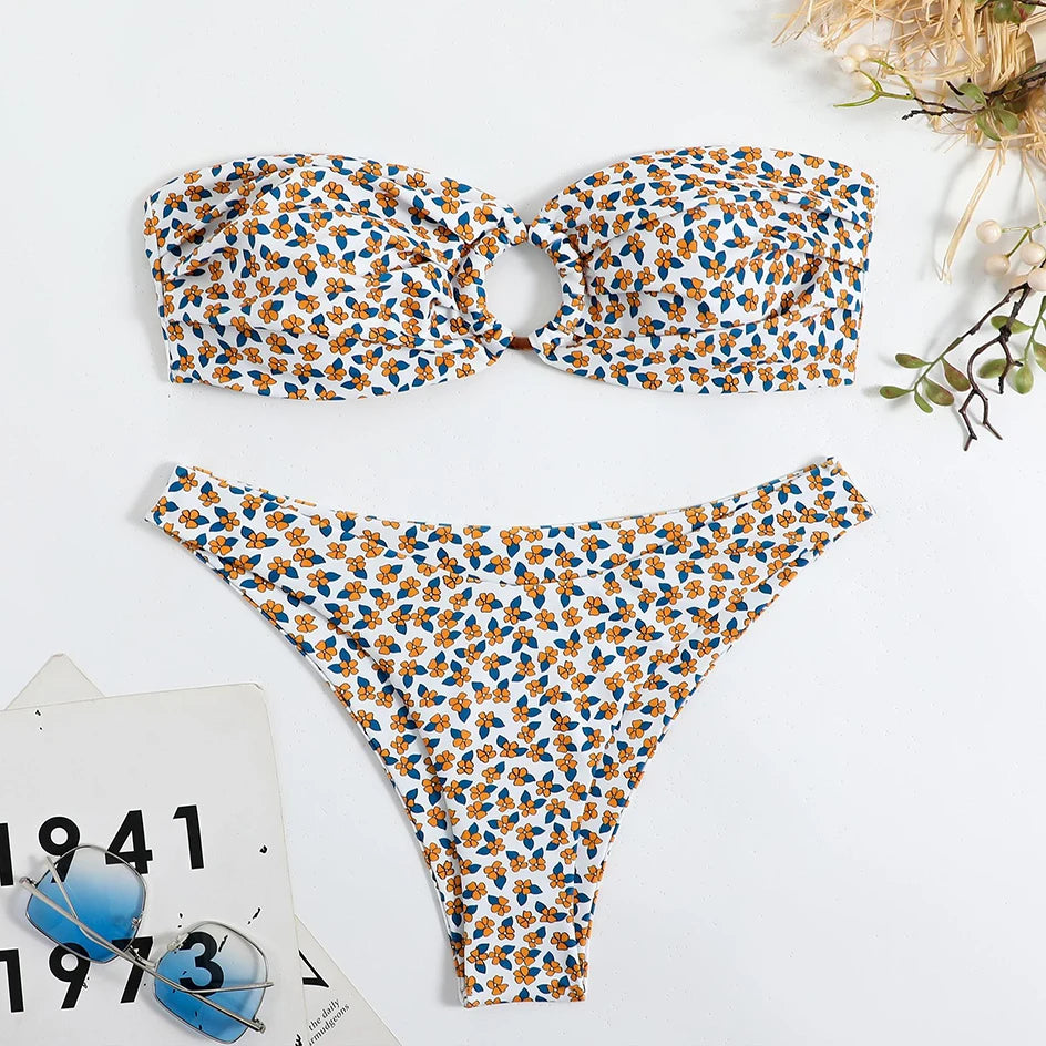 Floral Bikinis Bandeau Swimsuit for Woman Female Swimwear Women Thong Bikini Set Summer Swim Beach Wear Bathing Suits