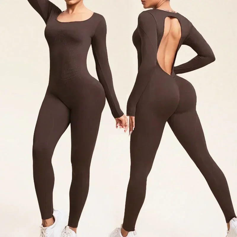 Women's Square-Neck Long-Sleeve Open-Back Workout Jumpsuit