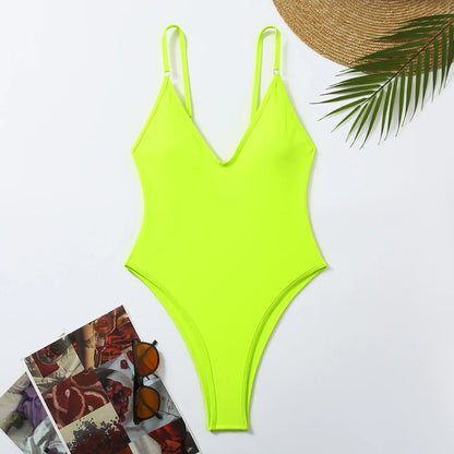 One Piece Swimsuit Women Summer Holiday Swimwear Thong Monokini Bathing Suit Mujer Micro Bikini Solid Neon Yellow