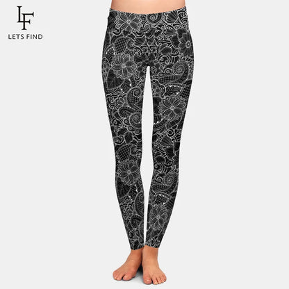 Women High Waist Black Leggings 3D Printing Flowers Pattern Milk Silk Leggings Gym Pants Yoga Pants