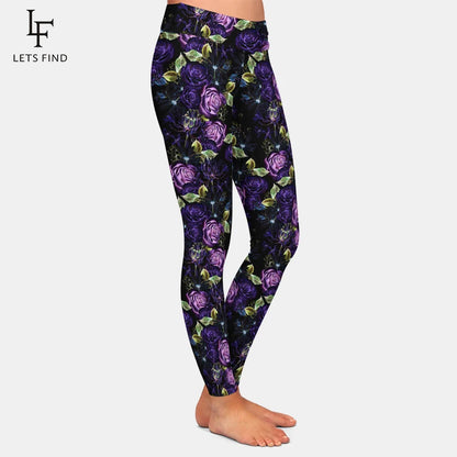 Beautiful Purple Rose Print High Waist Fitness Leggings Fashion Soft Fitness Stretch Leggings