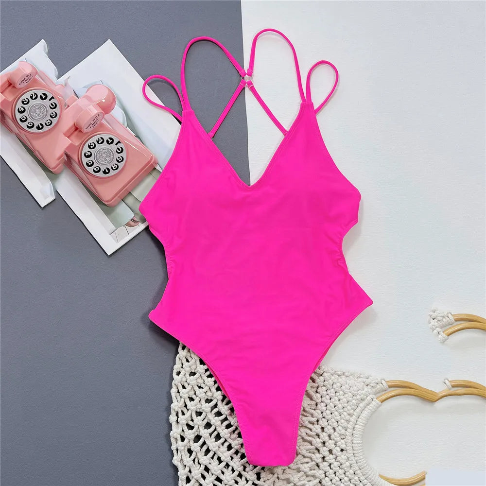 Solid Blue Backless Swimwear One Piece Swimsuit Women Back Cross String Bathers High Cut Bathing Suit
