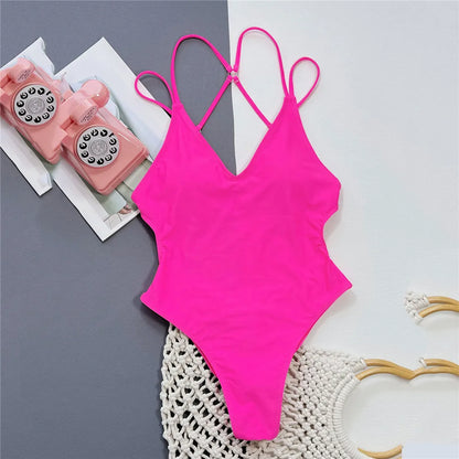 Solid Blue Backless Swimwear One Piece Swimsuit Women Back Cross String Bathers High Cut Bathing Suit