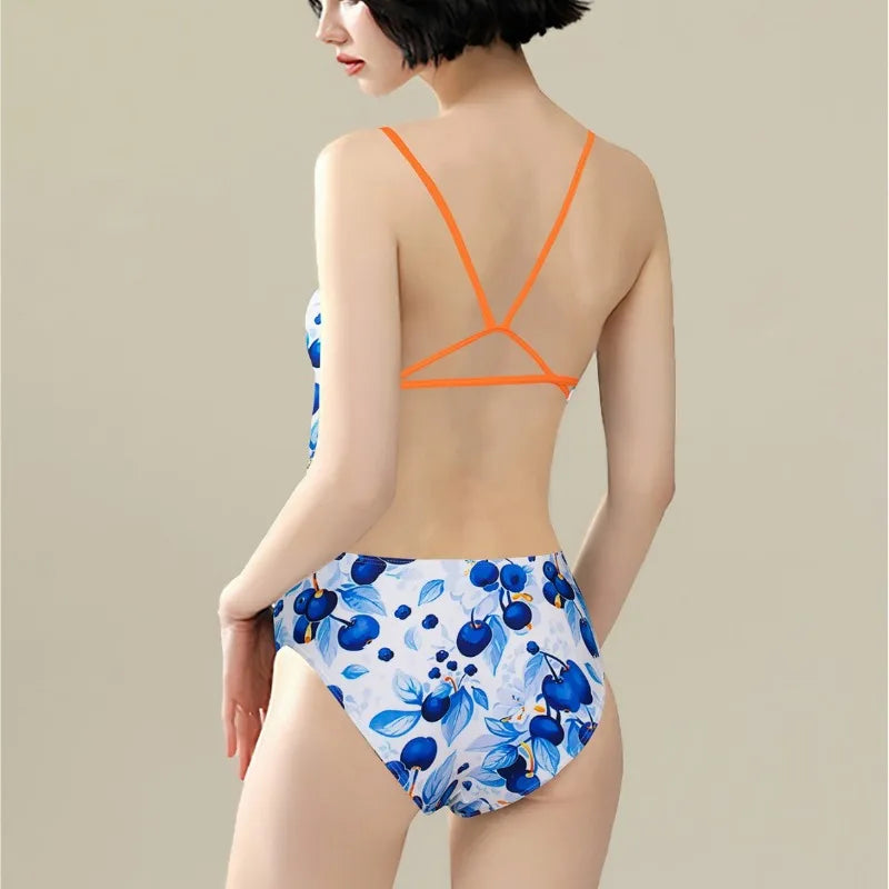 Women's Athletic One-piece Swimsuit Korean Version of the Nylon Fruit Print Slim and Thin Strap Halter Spa Swimwear Bathers Pool Squad