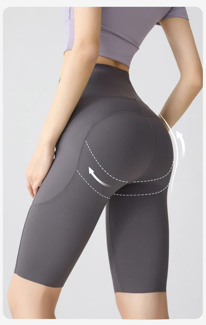 Pocket Yoga Sharkskin Bicycle Shorts Women Thin High Waist Push Up Light Feeling Sports  Fitness Cycling Shorts