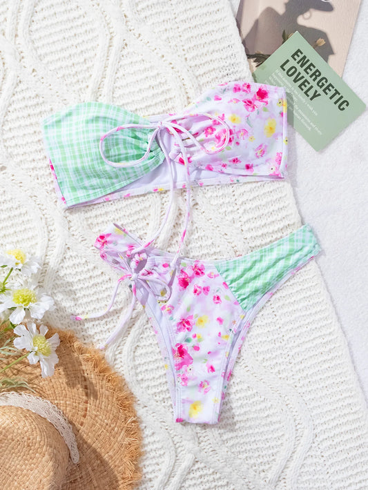Flower Print Two Piece Swimsuit for Women Summer Strapless Backless Bikini Set Beach Vacation V-neck Backless Swimwear