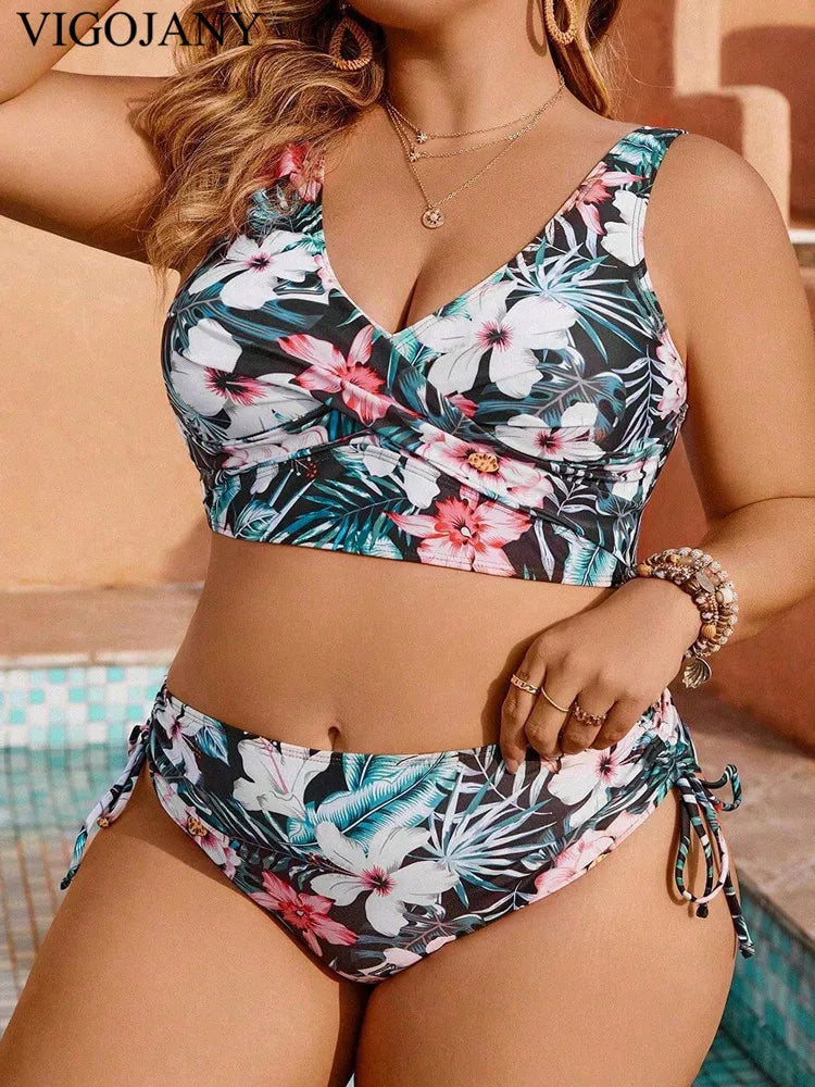 2 Piece Plus Size Bikini Set Women Strapped High Waist Large Big Swimsuit Push Up Bathing Suit