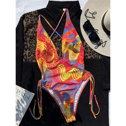 Printed Deep V Neck Cross Back One Piece Swimsuit Women Swimwear Female Monokini High Leg Cut Bather Bathing Suit Swim