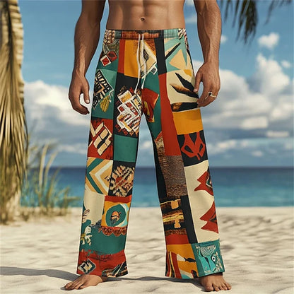Men's Casual Patchwork Print Drawstring Straight-Leg Pants Relaxed Fit Hawaiian Vacation Trousers Comfortable And Breathable