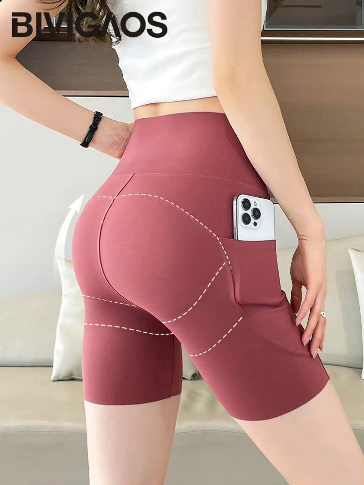 Summer Pocket Yoga Mini Shorts Women High Waist Butt Lifting Tight Short Leggings Thin Sport Fitness Cycling Shorts