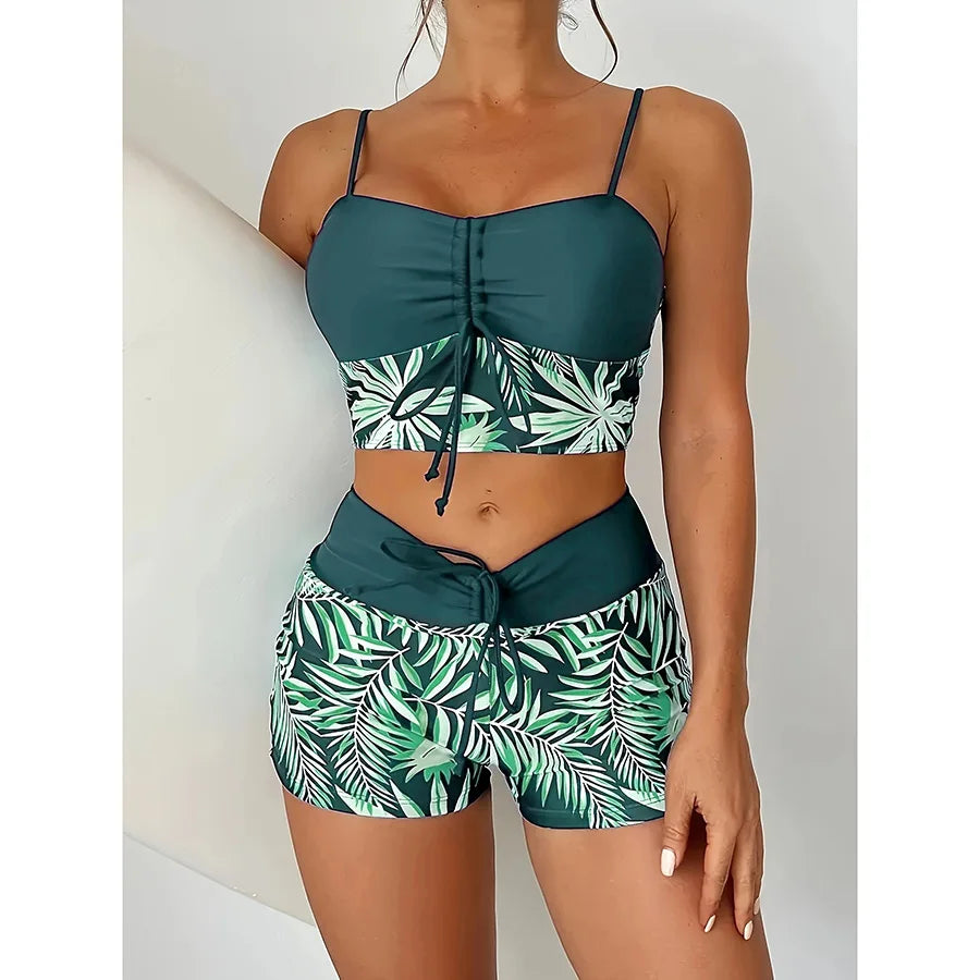 Women Summer Beach Drawstring Tropical Plant Printed Shorts Bikini Set, Random Print