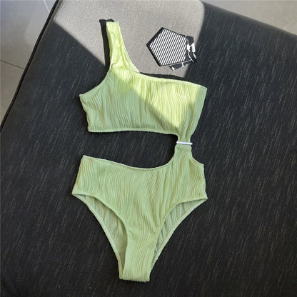 Asymmetric Cut Out Wrinkled One Piece Swimsuit Women Swimwear Female One Shoulder Padded Bather Bathing Suit Swim Lady