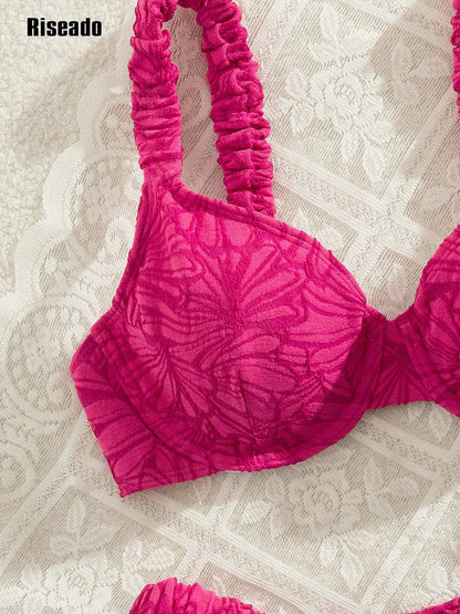 2 Pieces Rose Bikini Set Push Up Underwire Beachwear Vacation Swimsuit