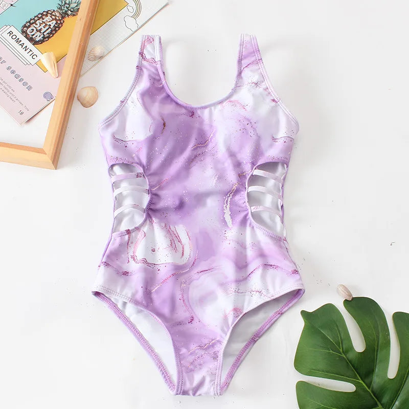 Purple Tie Dye Teens Girls One Piece Swimsuit 7-12 Year Kids Swim Suit Cut Out Children's Swimwear Bathing Suits Beachwear