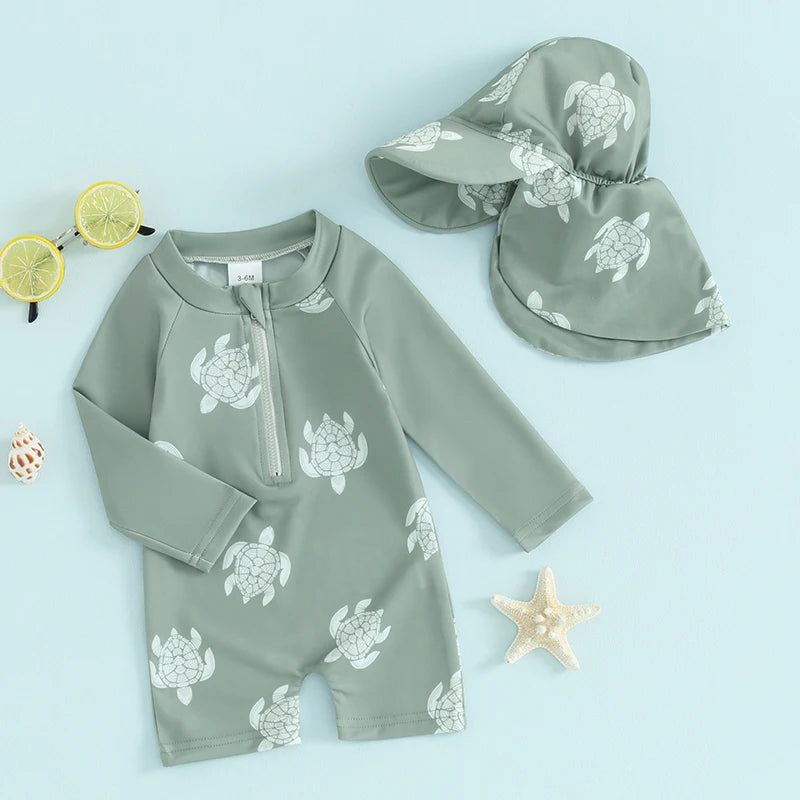 Baby Boy Swimming Suit Baby Swimsuit 3 6 12 18 24M 2T 3T Infant Toddler Boys Swimwear Zipper Long Sleeve Rash Guard with Hat