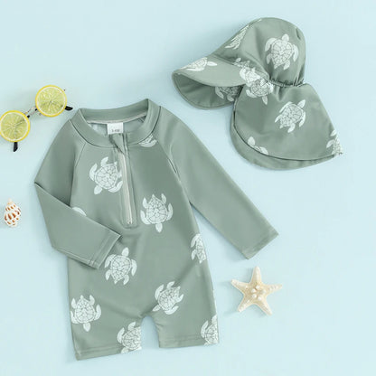 Baby Boy Swimming Suit Baby Swimsuit 3 6 12 18 24M 2T 3T Infant Toddler Boys Swimwear Zipper Long Sleeve Rash Guard with Hat