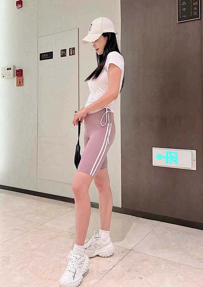 Women Shark Running Short Leggings Summer Side Stripe Sports Biker Shorts High Waist Skinny Seamless Bicycle Shorts