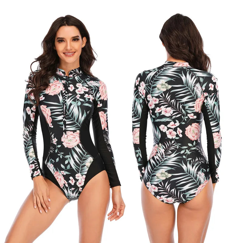Women 2XL Diving Rashguard Long Sleeve UV Sun Protection Swimsuit Zipper Swimwear Printed Surfing Suit Rash Guards Bathing Suit