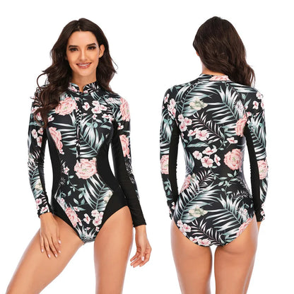 Women 2XL Diving Rashguard Long Sleeve UV Sun Protection Swimsuit Zipper Swimwear Printed Surfing Suit Rash Guards Bathing Suit