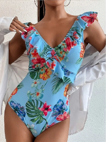 One Piece Swimsuit Women Swimwear Vintage Bathing Suit Shoulder Ruffle Swimming Suit Backless Monokini