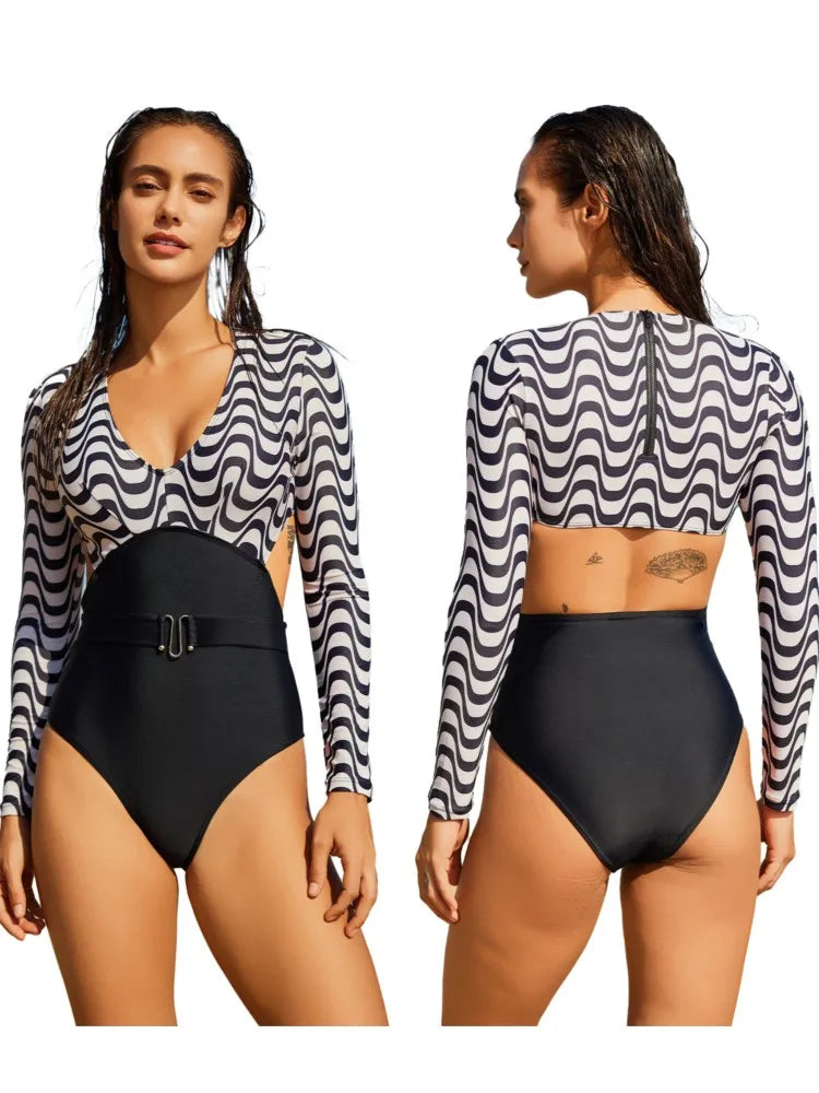 High Waist Swimsuit Women Summer Bathing Suit Bikini Set Long Sleeve Swimwear Women Beach Swimming Suit For Female