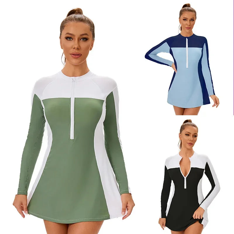 Woman Tankini Color Block Long Sleeve Two-Piece Swimsuit - Modest Skirted Beachwear Swimwear Bathing Suit Women
