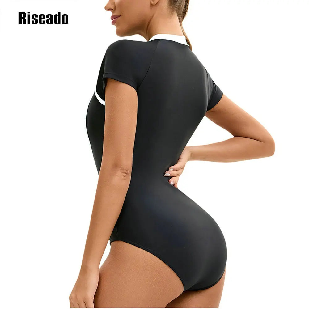 One Piece Swimsuit Mock Neck Zipper Short Sleeve Bathing Suit for Athletic beach clothes for lady