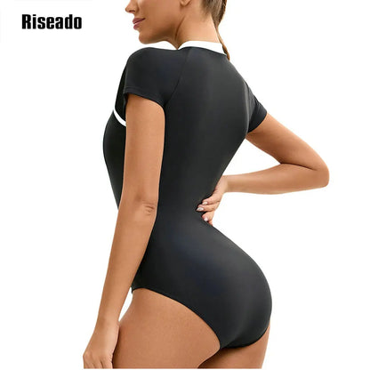 One Piece Swimsuit Mock Neck Zipper Short Sleeve Bathing Suit for Athletic beach clothes for lady