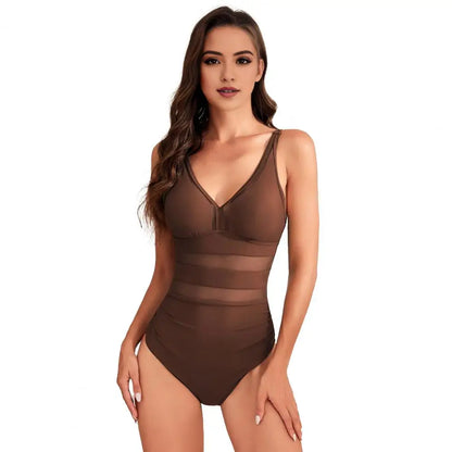 Hollow Mesh Splicing Monokini Swimsuit Stylish Women's Mesh Splicing One-piece Swimsuit Tummy Control V-neck Monokinis Beachwear
