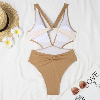 Patchwork Solid Swimwear Women Strapped One Piece Swimsuit Beach Lady Monokini Backless Hollow Bathing Suit