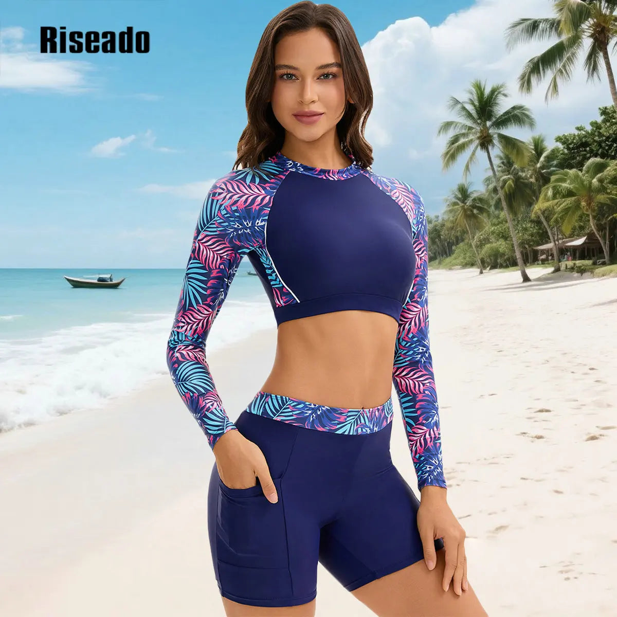 Womens Rash Guard Long Sleeve Swim Shirts Swimsuit Bathing Suit with Womens Swim Shorts & Two Pockets