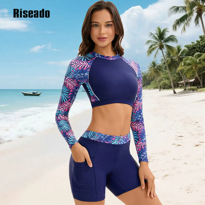 Womens Rash Guard Long Sleeve Swim Shirts Swimsuit Bathing Suit with Womens Swim Shorts & Two Pockets