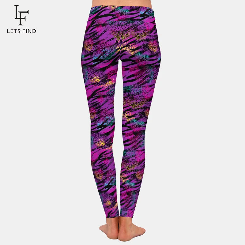 High Quality Milk Silk Print Purple and Black Tiger Stripes Women Leggings High Waist Slim Fitness Leggings