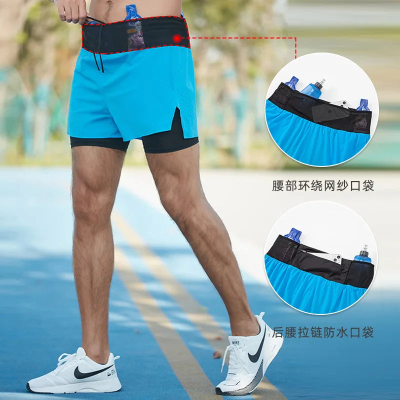 2 in 1 Trail Running Marathon Multifunctional Shorts Quick Dry Long Distance Training Sports Men Summer Lining With Waist bag