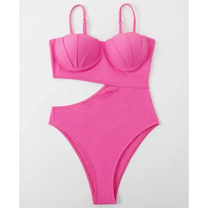 Pink Strapped Swimwear Women Underwire Push Up One Piece Swimsuit Monokini Halter Hollow Bathing Suit