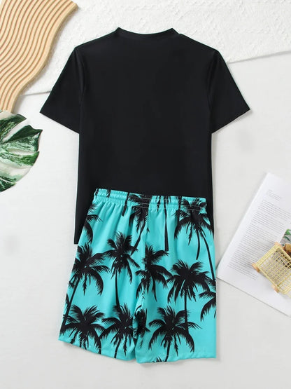 Boy Kids Swimsuit Leaves Print Short Sleeve Children Swimwear Summer Two Piece Beach Wear Shorts Bathing Suit Swimming