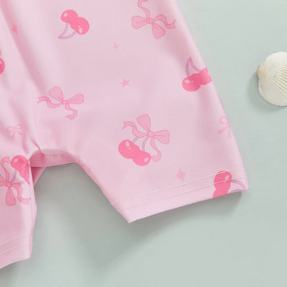 Summer Toddler Baby Girl Short Sleeve Swimwear Bathing Suit Infant Rash Guard Swimsuit Kids Cherry/Bow Print Zipper Beachwear