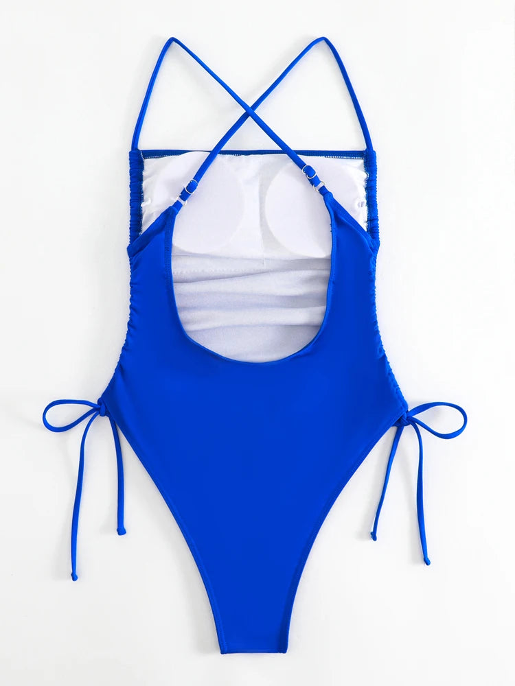 Blue Strapped Swimwear Women Push UP One Piece Swimsuit Backless Cross Monokini Summer Beach Bathing Suit