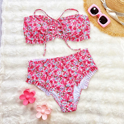 Flowers Printed Bandeau Female Swimsuit High Waist Bikini Women Swimwear Two-pieces Bikini set Bather Bathing Suit Swim