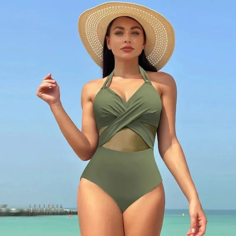 Fashion Style Mesh Tummy Solid Colours One Piece Swimwear Swimsuit