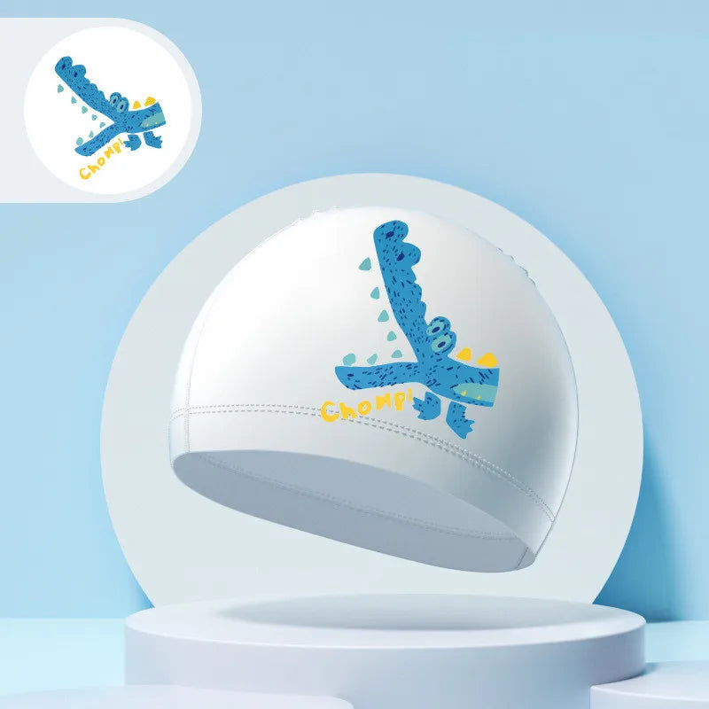 Children's Swimming Caps Boys Girls Kids Cartoon Swim Hat High Elastic Ear Protection PU Waterproof Swimming Cap