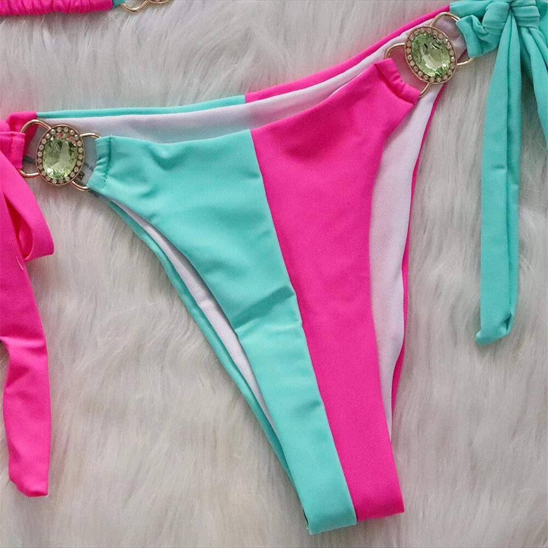 8 Colors Diamond Rhinestones Splicing Bikini Women Swimwear Female Swimsuit Two-pieces Bikini set Bather Bathing Suit Swim