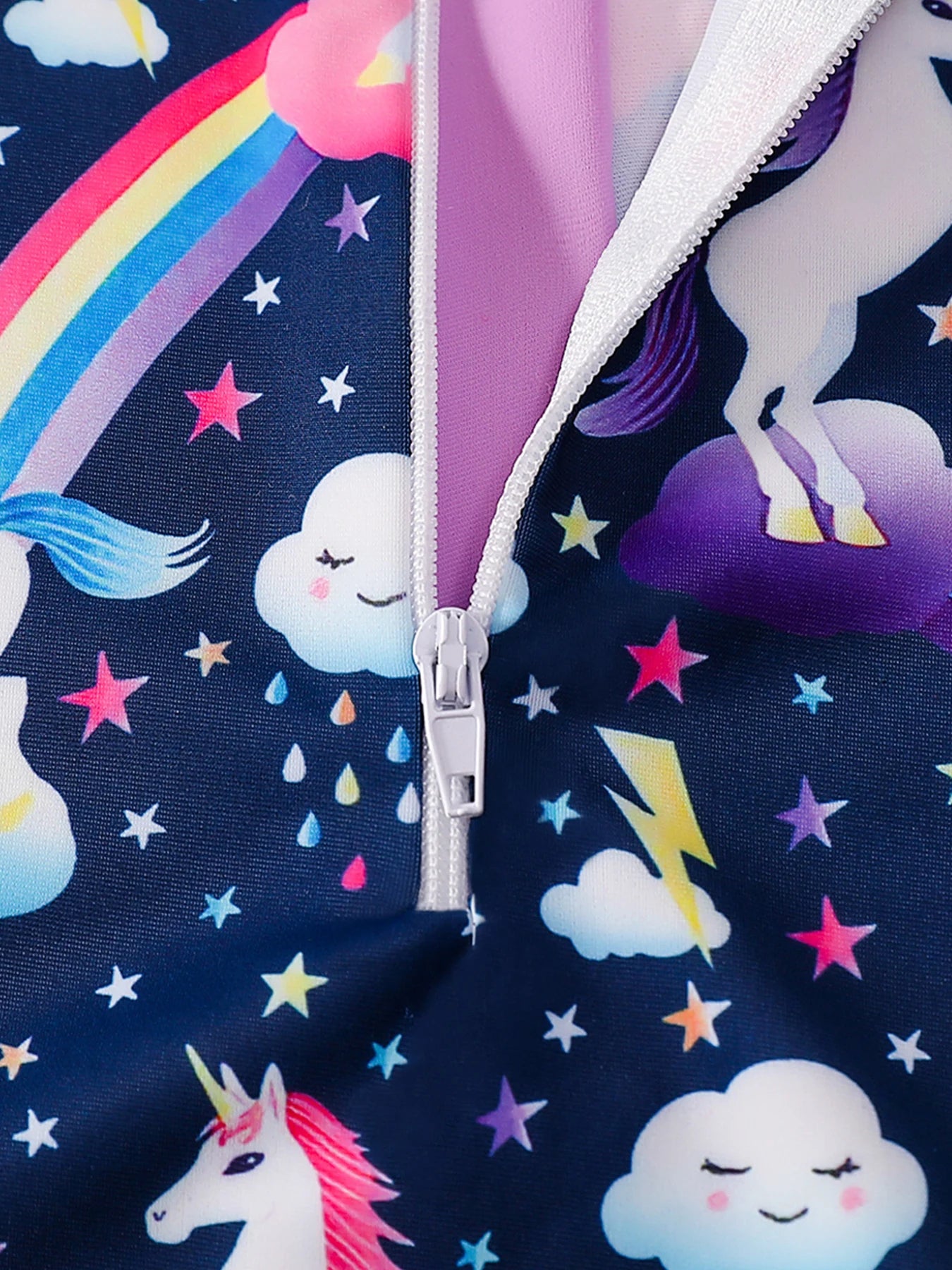 Girls Swimsuit One-Piece Cartoon Horse Weather Icons Print Bikini-Cut Swimwear Long Sleeve Color Blocking Beach Swim Rash Guard