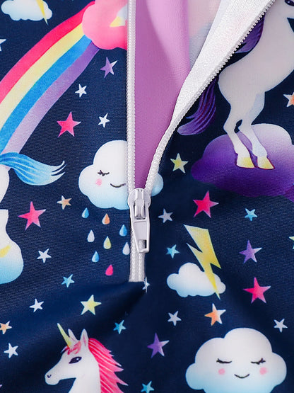 Girls Swimsuit One-Piece Cartoon Horse Weather Icons Print Bikini-Cut Swimwear Long Sleeve Color Blocking Beach Swim Rash Guard