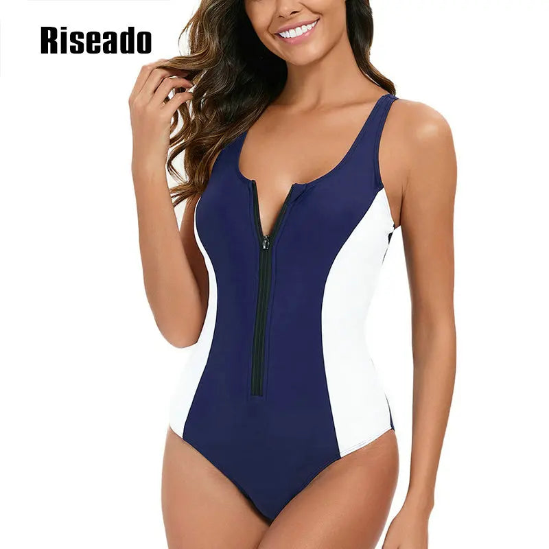 Riseado Sports One Piece Swimsuit Women Navy Swimwear Female Bodysuit Summer Swimming Suit Racerback Bathing Suits