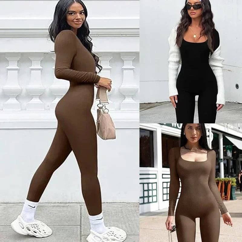 Women's Square-Neck Long-Sleeve Open-Back Workout Jumpsuit